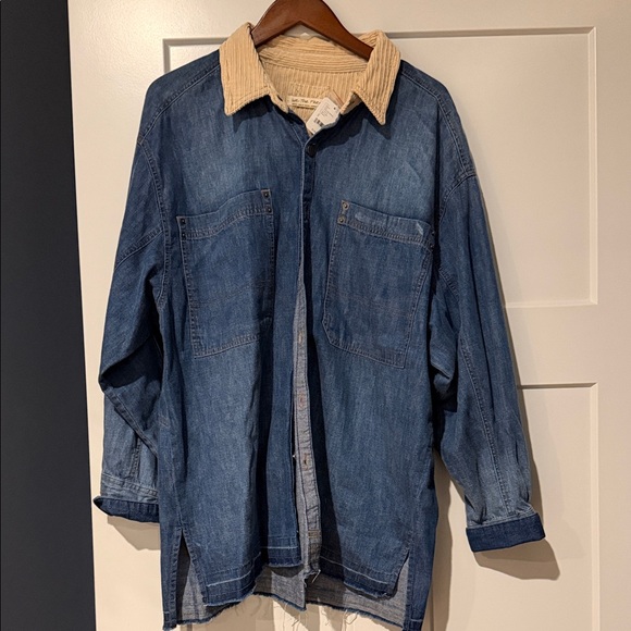 Free People Highland Hiker Top Denim We The Free Cord Collar Frayed Blue S NEW - Picture 2 of 7